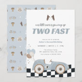 Invitation d'anniversaire de course de voiture ble (Devant / Derrière)