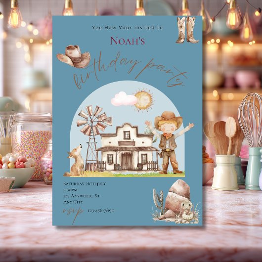 Invitation d'anniversaire de cow-boy bleu mignon