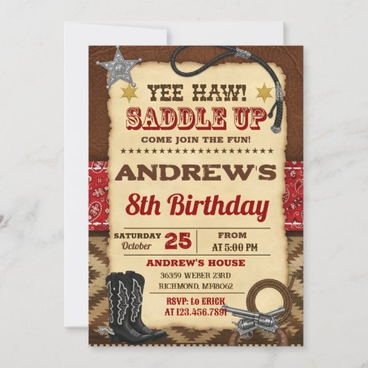 Invitation d'anniversaire de cow-boy de pays numér (Devant)