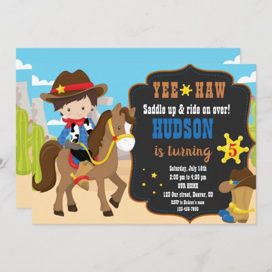 Invitation d'anniversaire de Cowboy (Devant / Derrière)