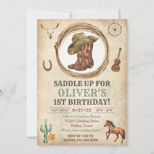 Invitation d'anniversaire de Cowboy 1ère invitatio (Devant)