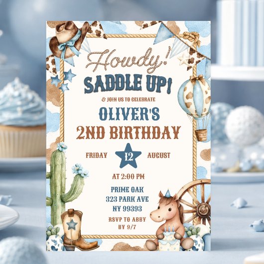Invitation d'anniversaire de cowboy Howdy bleu