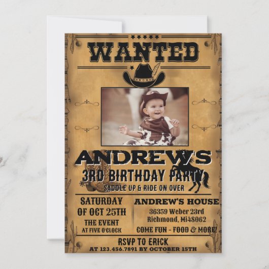 Invitation d'anniversaire de cowboy occidental per (Devant)