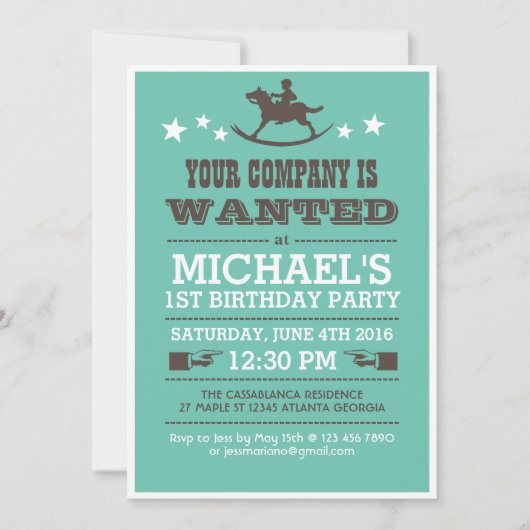 Invitation d'anniversaire de cowboy Recherchée pou (Devant)