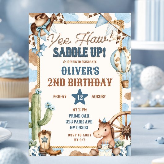 Invitation d'anniversaire de cowboy Yee Haw bleue