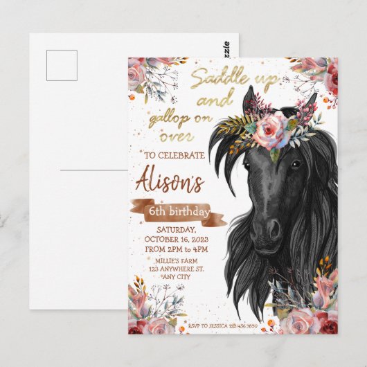 Invitation d'anniversaire de cowgirl au cheval à l (Devant / Derrière)