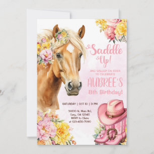 Invitation d'anniversaire de cowgirl, cheval brun,
