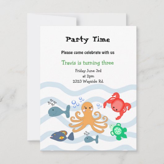 Invitation d'anniversaire de créatures marines (Devant)