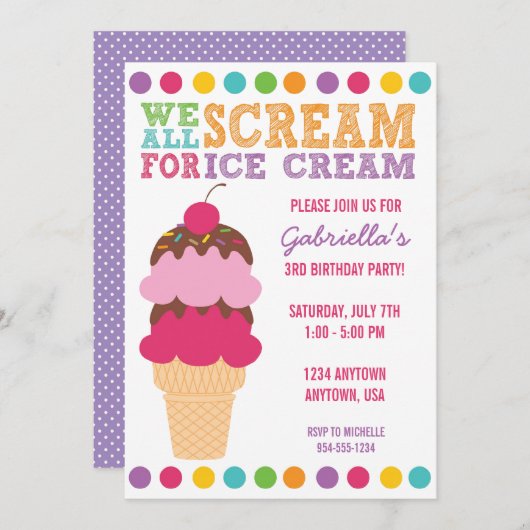 Invitation d'anniversaire de crème glacée (Devant / Derrière)
