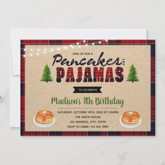 Invitation d'anniversaire de crêpes et de pyjamas (Devant)