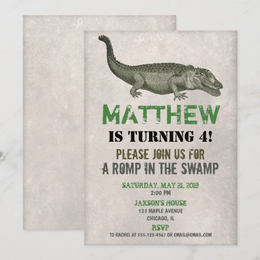 Invitation d'anniversaire de crocodile (Devant / Derrière)