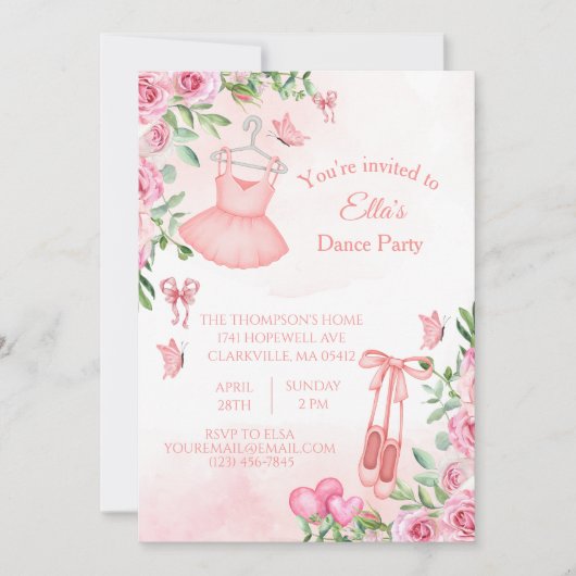 Invitation d'anniversaire de danseuse en rose (Devant)