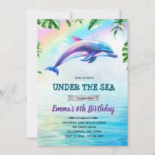 Invitation d'anniversaire de dauphin arc-en-ciel