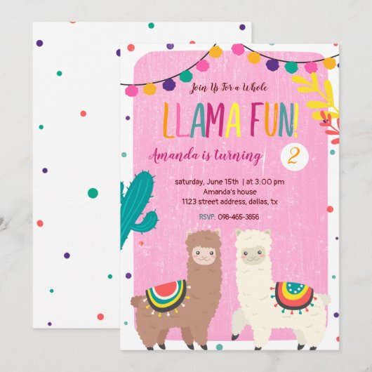 Invitation d'anniversaire de deux lamas (Devant / Derrière)