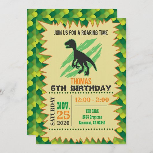 Invitation d'anniversaire de Dinosaur (Devant / Derrière)
