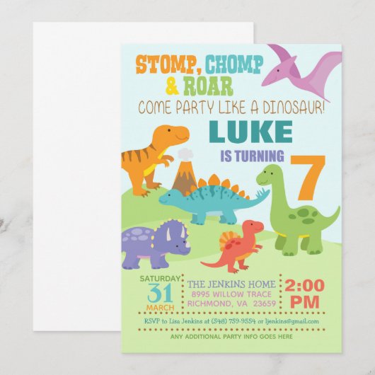 Invitation d'anniversaire de Dinosaur (Devant / Derrière)