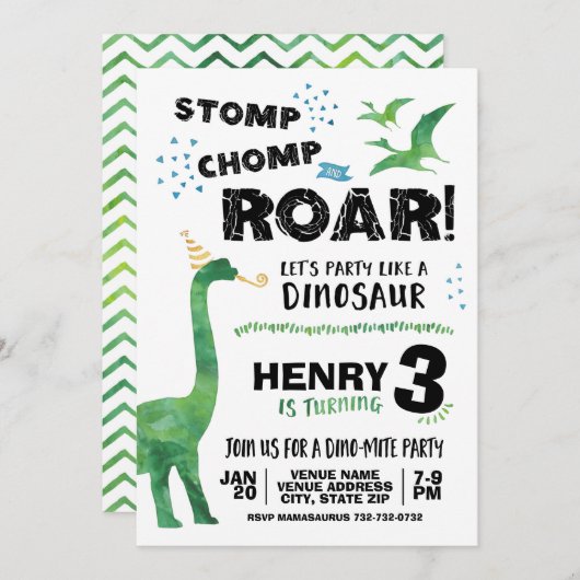 Invitation d'anniversaire de Dinosaur (Devant / Derrière)