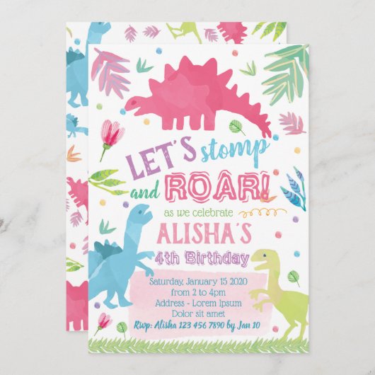 Invitation d'anniversaire de Dinosaur (Devant / Derrière)