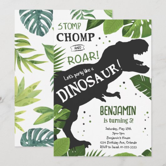 Invitation d'anniversaire de Dinosaur (Devant / Derrière)