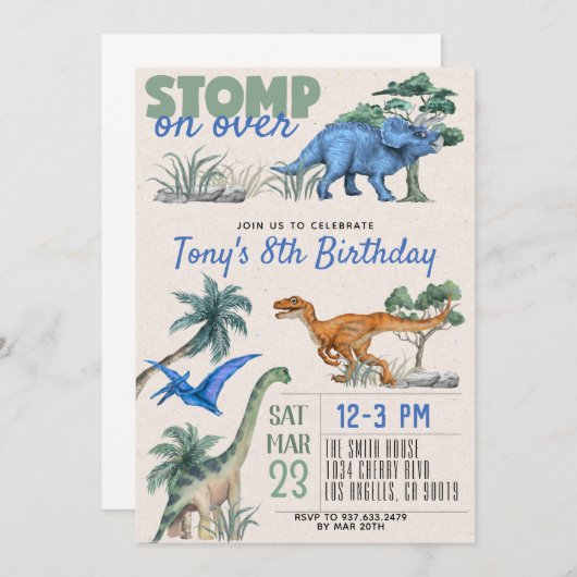 Invitation d'anniversaire de Dinosaur (Devant / Derrière)
