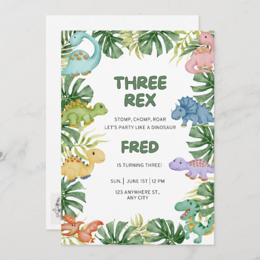 Invitation d'anniversaire de Dinosaur (Devant / Derrière)