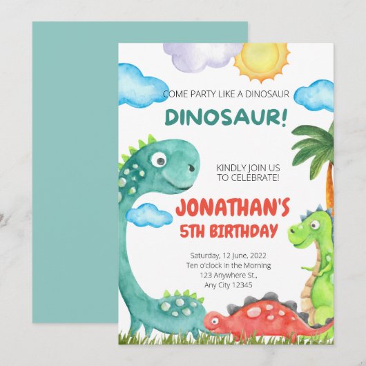 Invitation d'anniversaire de Dinosaur (Devant / Derrière)
