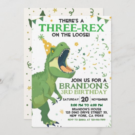 Invitation d'anniversaire de Dinosaur (Devant / Derrière)