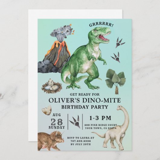 Invitation d'anniversaire de Dinosaur (Devant / Derrière)