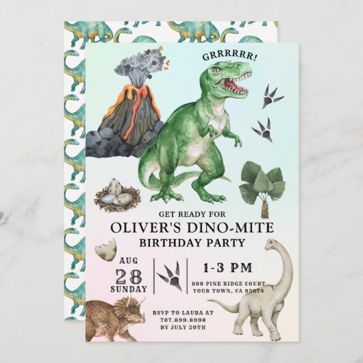 Invitation d'anniversaire de Dinosaur (Devant / Derrière)
