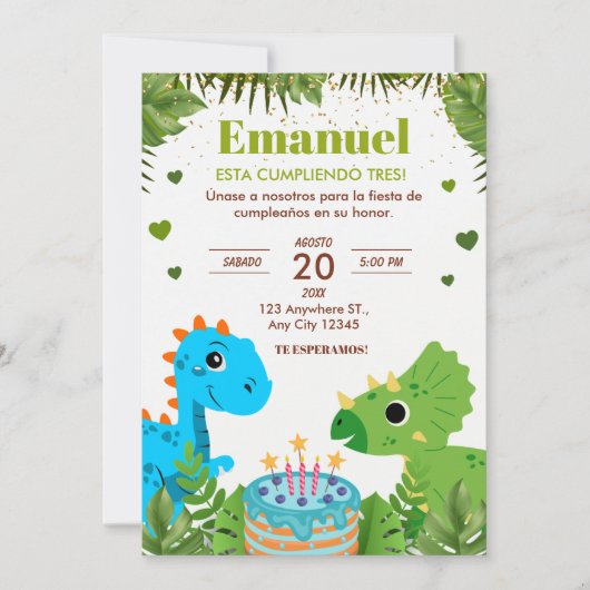 Invitation d'anniversaire de Dinosaur, espagnol (Devant)
