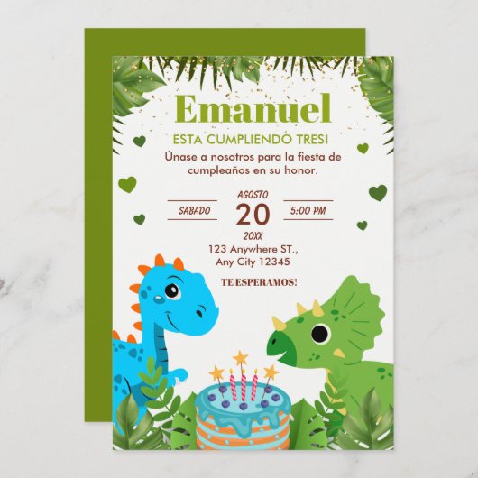 Invitation d'anniversaire de Dinosaur, espagnol (Devant / Derrière)