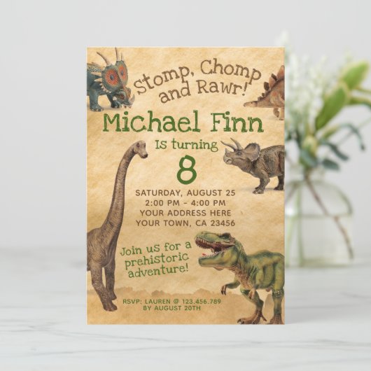 Invitation d'anniversaire de Dinosaur, Invitation (Debout devant)