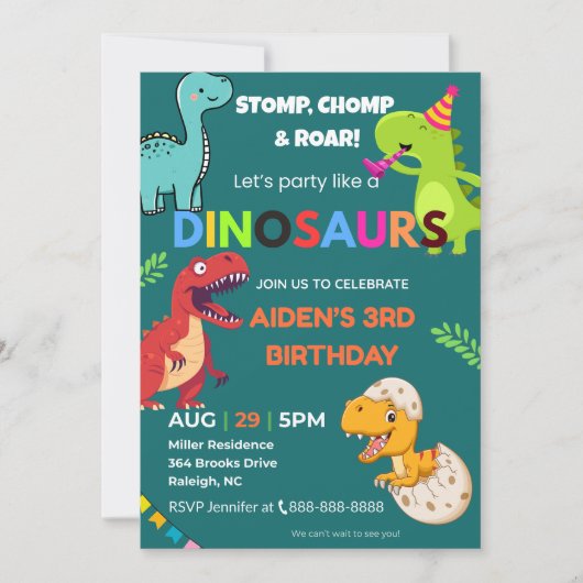 Invitation d'anniversaire de Dinosaur - modifiable (Devant)