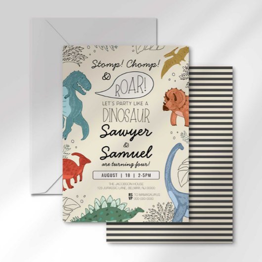 Invitation d'anniversaire de Dinosaur pour jumeaux