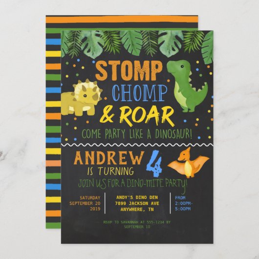 Invitation d'anniversaire de Dinosaur pour les gar (Devant / Derrière)