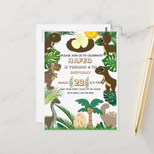 Invitation d'anniversaire de dinosaure : Aventure (Devant/Arrière en situation)