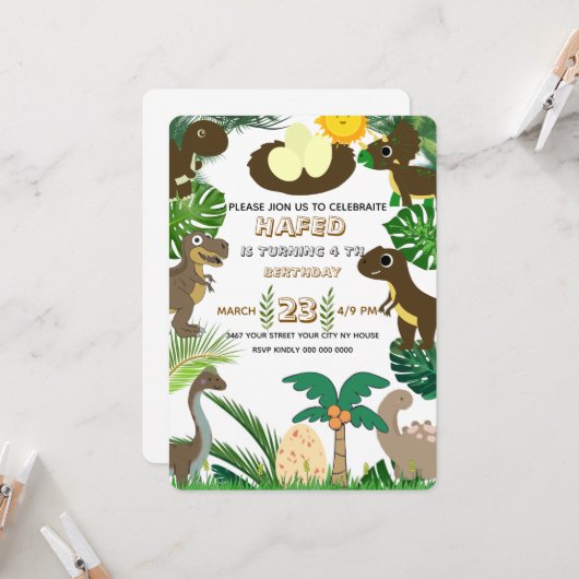 Invitation d'anniversaire de dinosaure : Aventure (Devant/Arrière en situation)