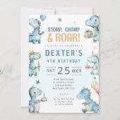Invitation d'anniversaire de dinosaure bleu pour g (Devant)