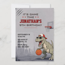 Invitation d'anniversaire de dinosaure de basketba