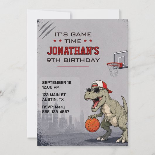 Invitation d'anniversaire de dinosaure de basketba (Devant)