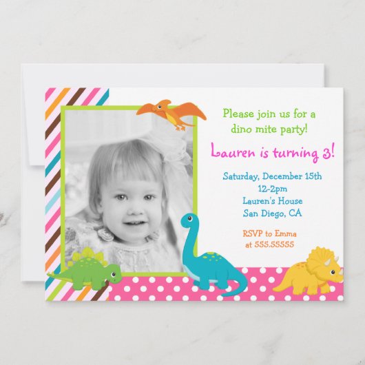 Invitation d'anniversaire de dinosaure de fille (Devant)