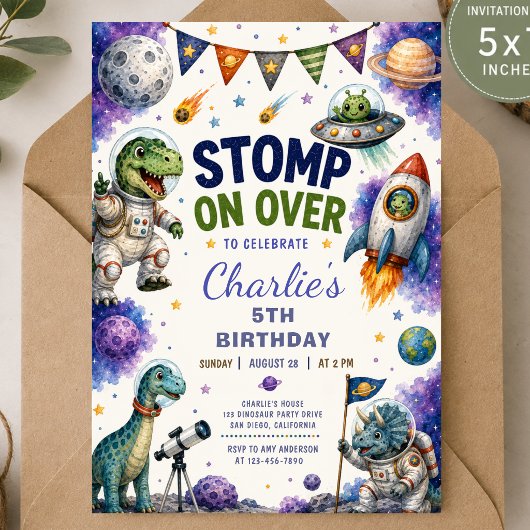 Invitation d'anniversaire de dinosaure de l'espace