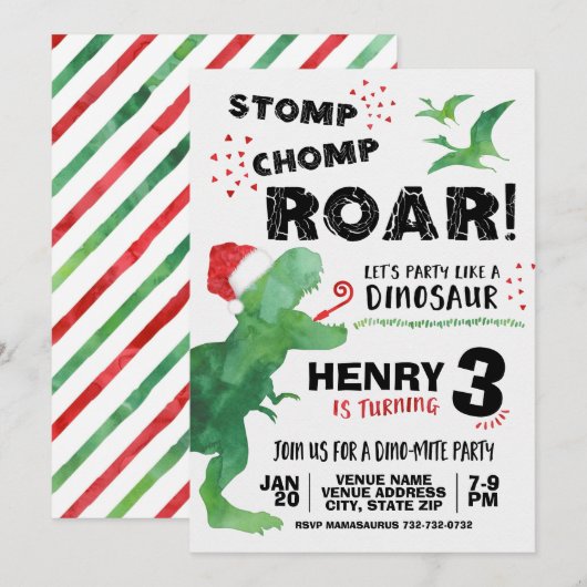 Invitation d'anniversaire de dinosaure de Noël (Devant / Derrière)
