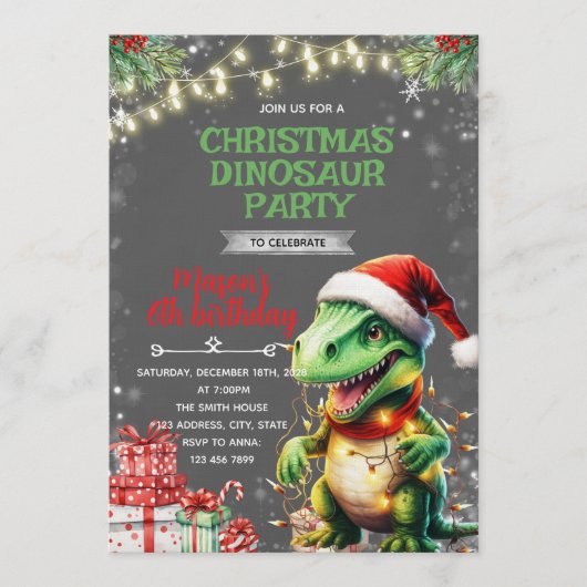 Invitation d'anniversaire de dinosaure de Noël (Devant)