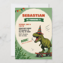 Invitation d'anniversaire de dinosaure de skateboa