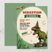Invitation d'anniversaire de dinosaure de skateboa (Devant / Derrière)