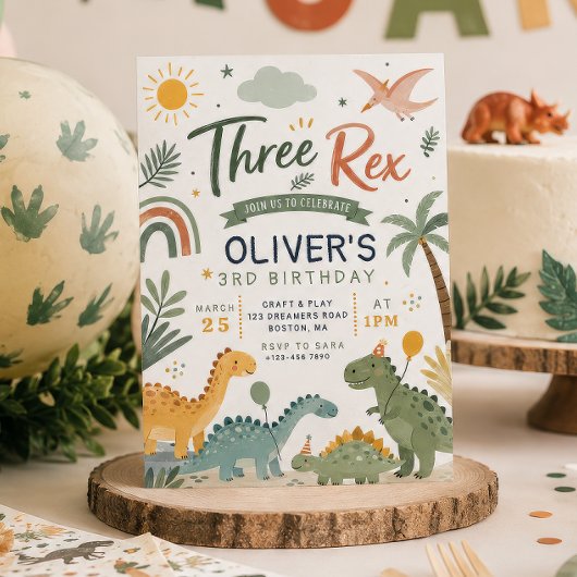 Invitation d'anniversaire de dinosaure de trois Re