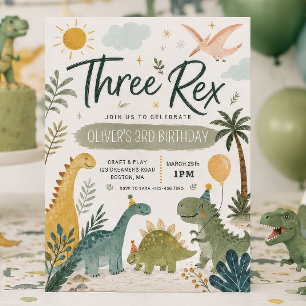 Invitation d'anniversaire de dinosaure de trois Re
