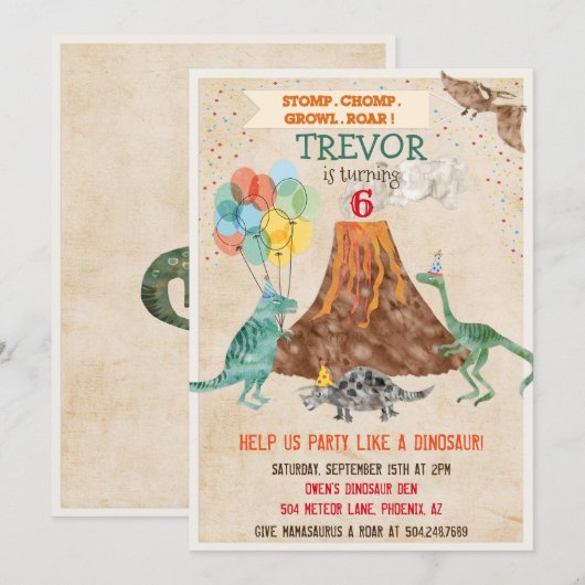 Invitation d'anniversaire de dinosaure de volcan p (Devant / Derrière)