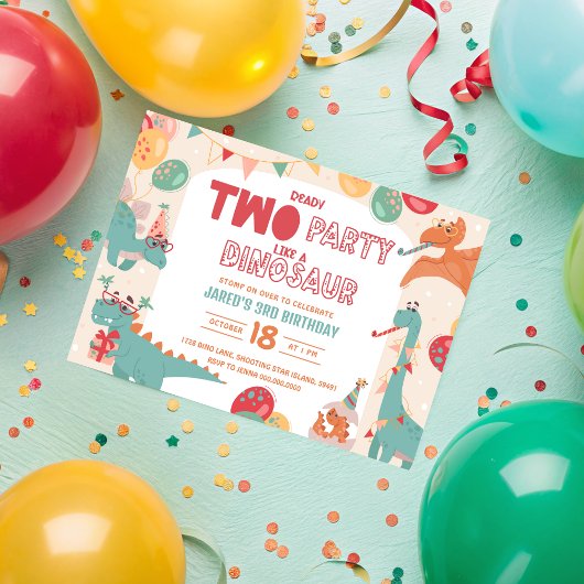 Invitation d'anniversaire de dinosaure deux. Dino